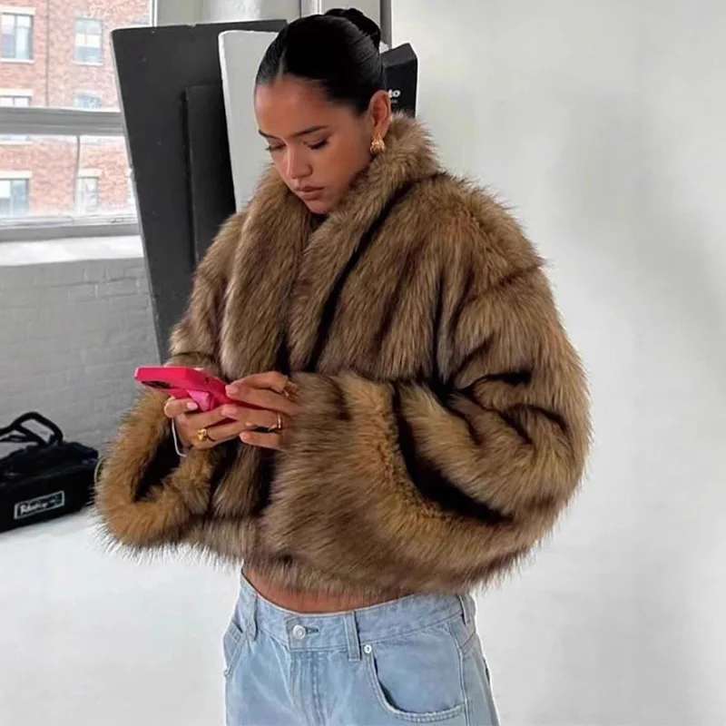TARUXY-abrigo corto de piel de zorro para mujer, chaqueta Retro de manga larga para otoño e invierno, chaqueta de piel sintética, cárdigan de felpa de estilo callejero a la moda para mujer