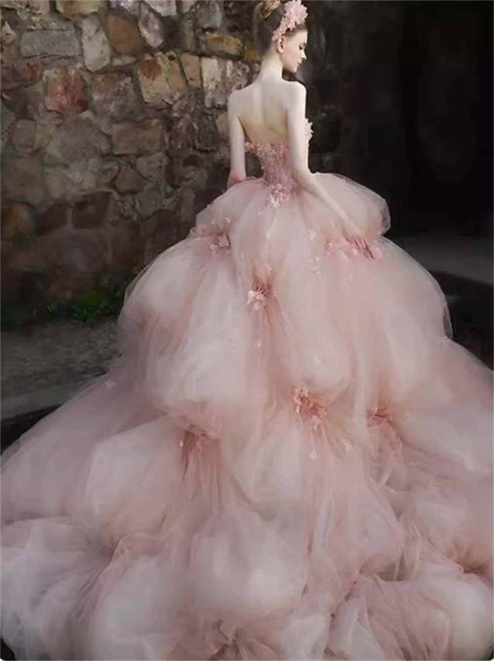 Customized Strapless Laces Appliques Ball Gown White Wedding Dress Pink 3D Flowers Beading Vintage Bridal Gown vestidos de novia