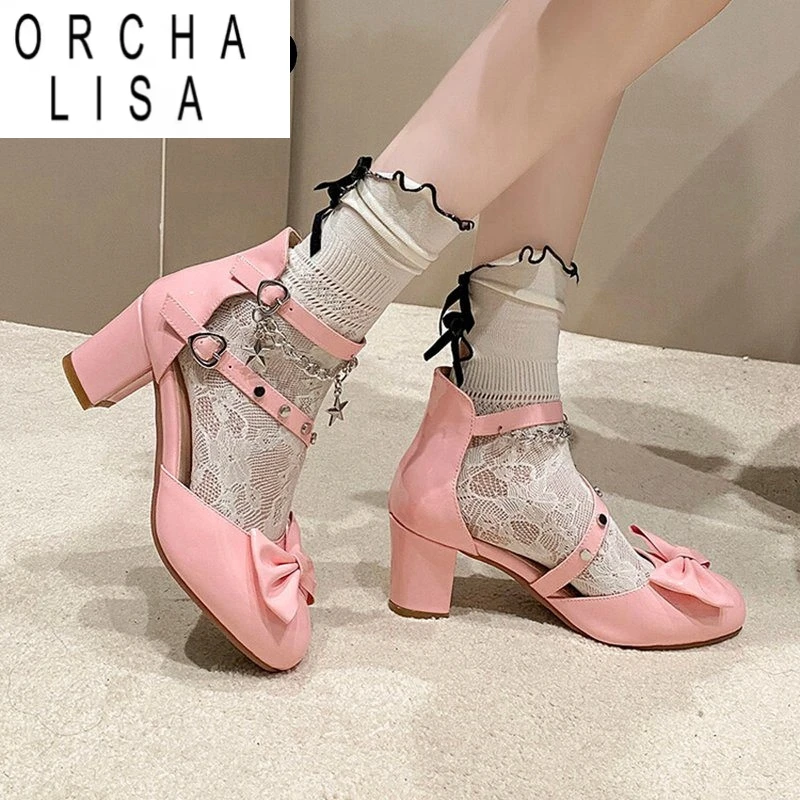 

ORCHA LISA Корейские туфли-лодочки для девочек, милые туфли в стиле Лолиты, туфли с круглым носком, блочные каблуки 5,5 см, пряжка, ремешок, заклепки, металлические, большой размер, повседневная булавка