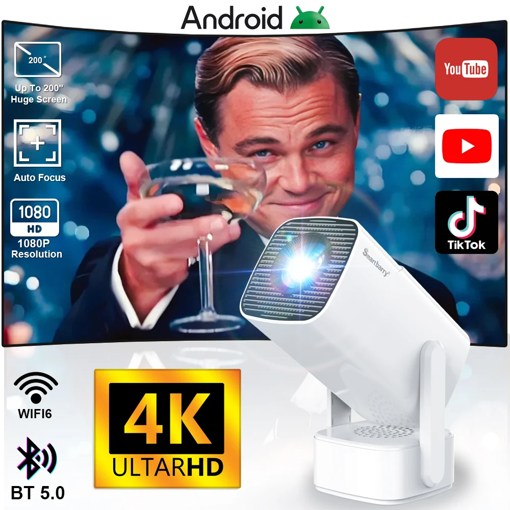 

Smartbarry Smart Mini Projector Android 12 WiFi6 Support 4K 1080P BT5.0 Projector 1280*720P Home Cinema Portable Projector