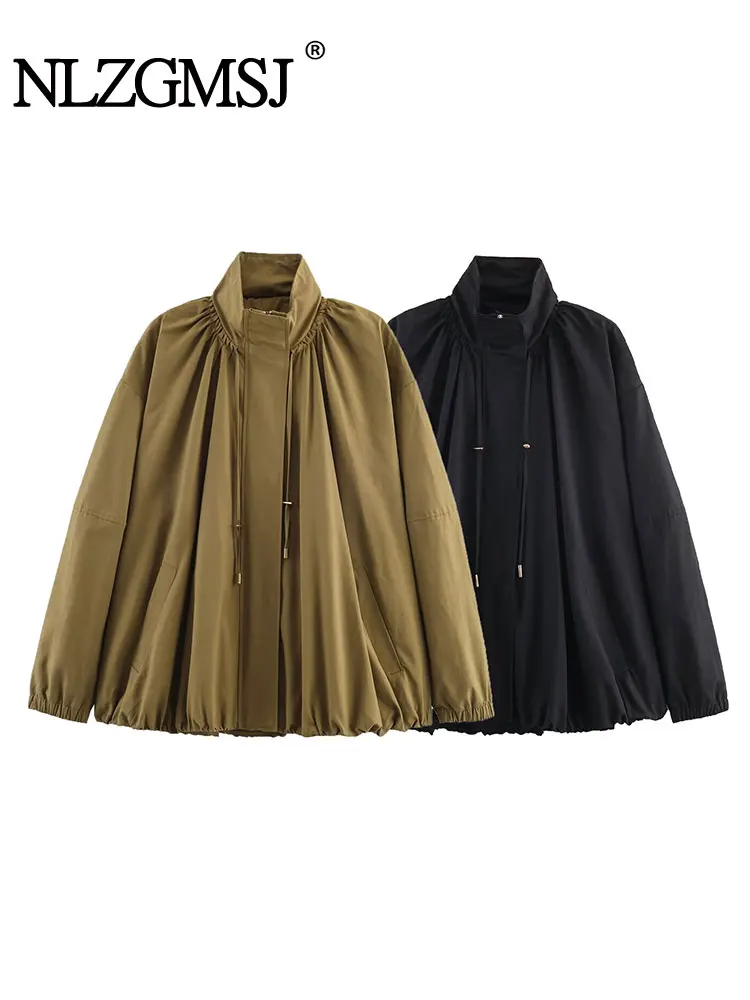 

NLZGMSJ Vintage Casual Women Bomber Jackets Solid Zipper Pocket Long Sleeve Coats New Fashion 2025 Autumn Outwears