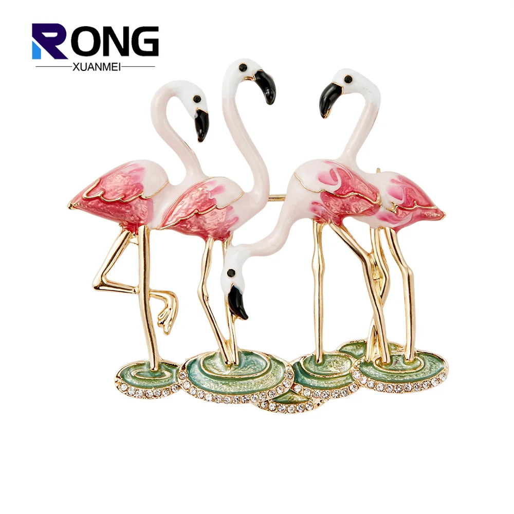 RONGXUANMEI New High Quality Pink Red-crowned Crane Brooches For Women 2024 Luxury Animal Enamel Brooch Pin Rhinestone Corsage