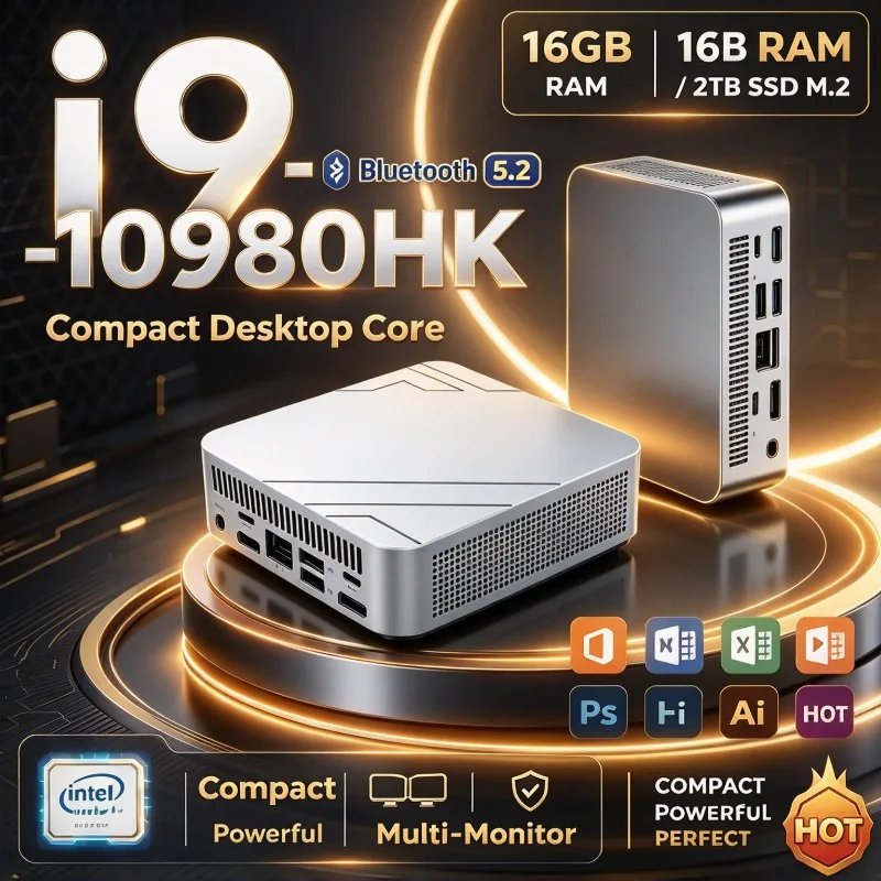 Portable Compact Silver Mini Desktop PC Intel Core I9‑10980HK 16GB 2TB SSD WiFi6 Windows 11 Mini PC for Home Office Gaming Study