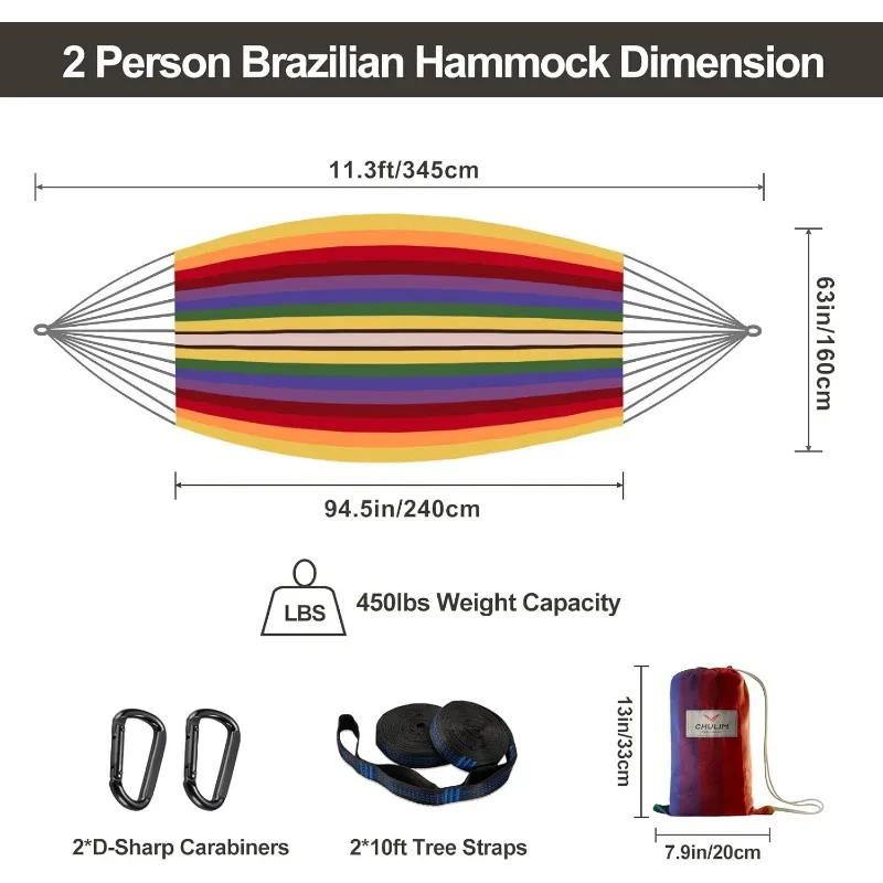 Brasilianische Doppel-Hängematte mit Baumgurten, extra große 94 x 63 Zoll, 2 Personen Hängematte für Hinterhof, Terrasse, draußen und drinnen