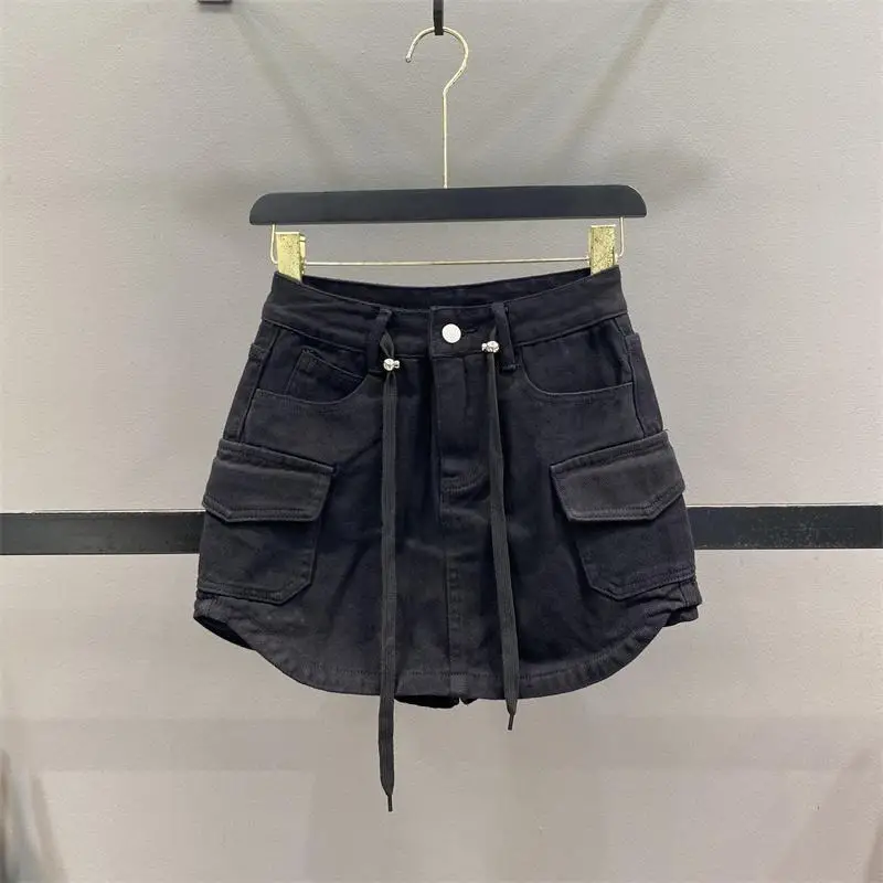 

2024 summer new drawstring high waisted workwear denim short skirt for women A-line hip hugging skirt,