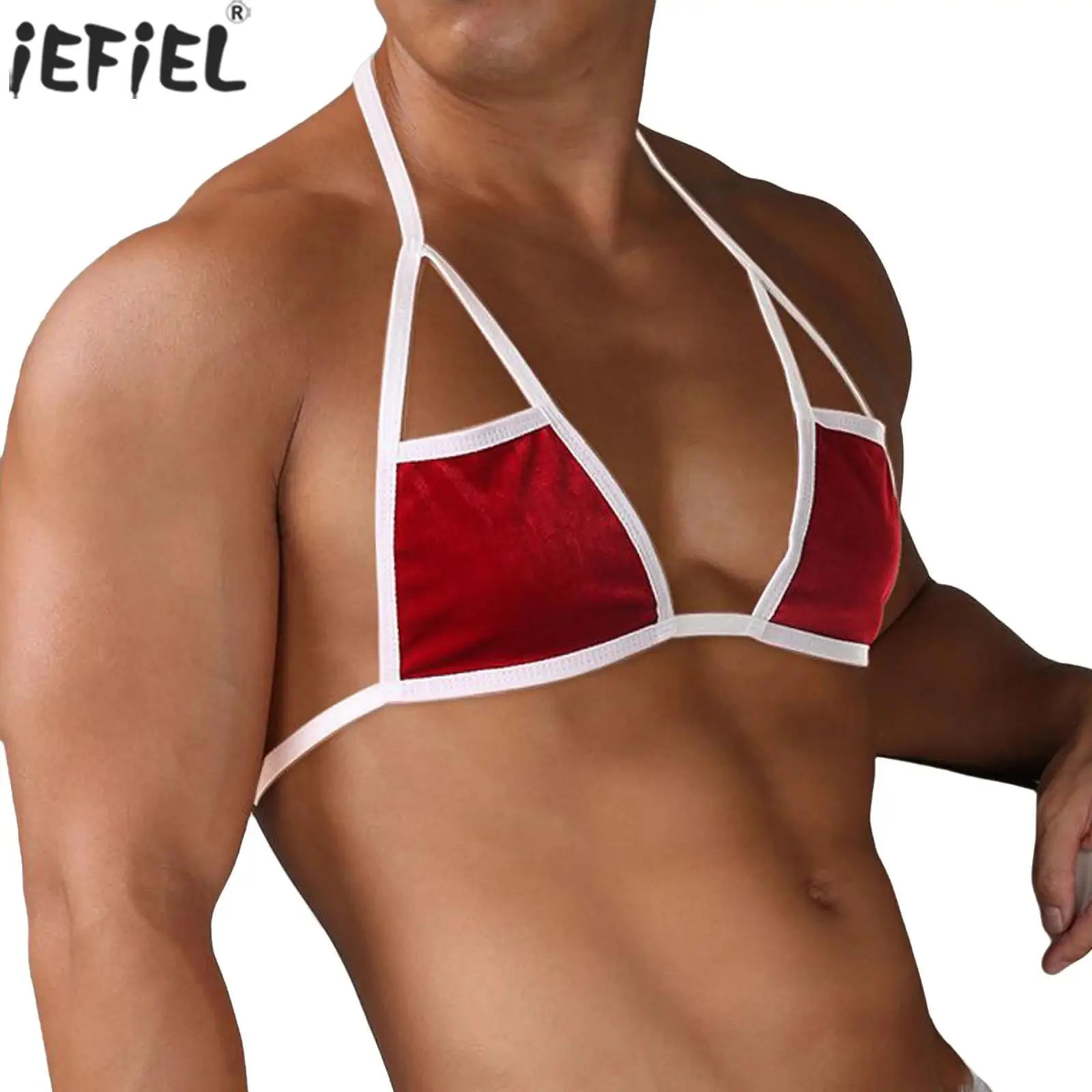 

Мужское рождественское забавное нижнее белье с низкой посадкой на шнуровке с Т-образной спинкой, стринги, топ с лямкой на шее, бархатное ночное белье Санта-Клауса для игр для пар