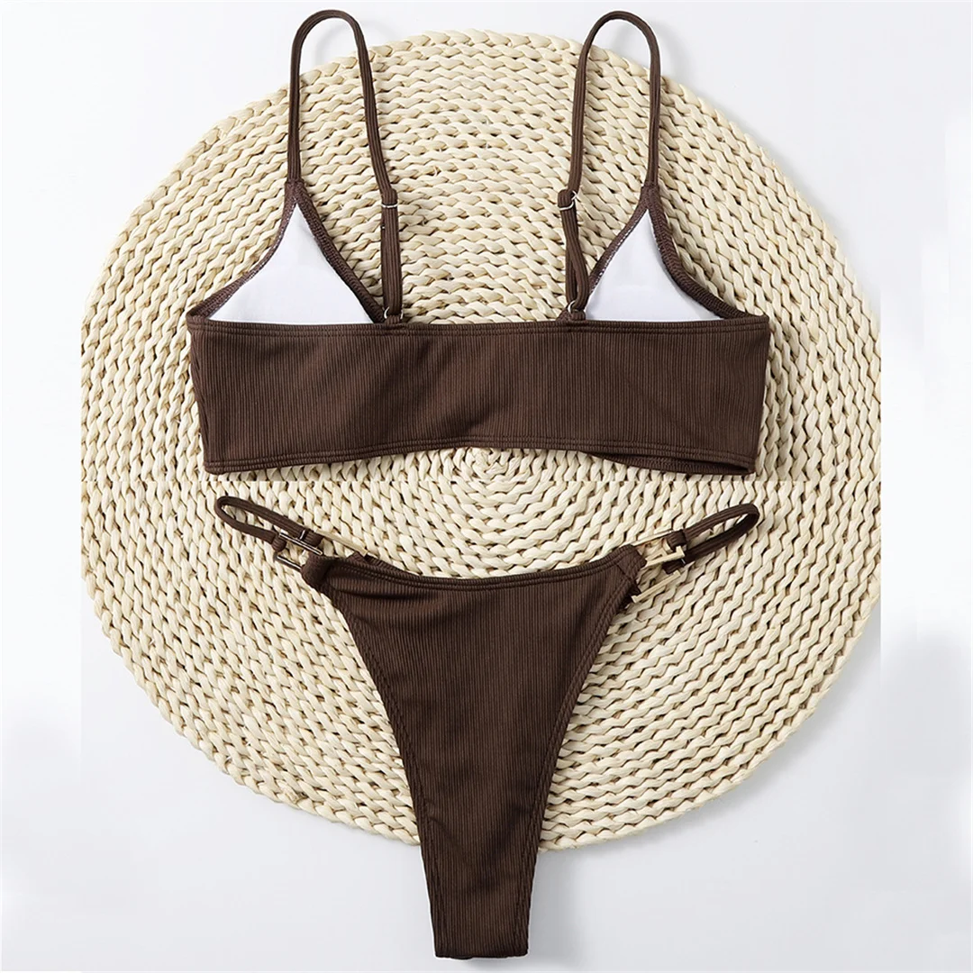 Sexy, gerippter, hoch geschnittener Bikini, Damen-Badeanzug, zweiteiliger Bikini mit Polsterung, Badebekleidung, Badeanzug für Damen, V3456. – Detail 10