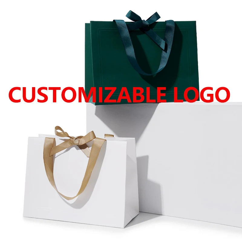Customizable Jewelry Gift Paper Bag with Green Ribbon Handbag Jewelry Storage Pouch for Packaging