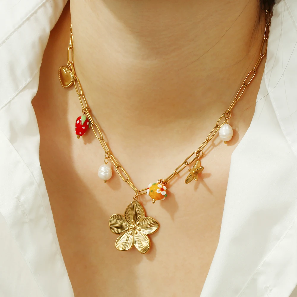 

Joya Love Vintage Stainless Steel Flower Heart Pearl Starfish Charm Necklace For Women Waterproof Clavicle Chain Party Jewelry