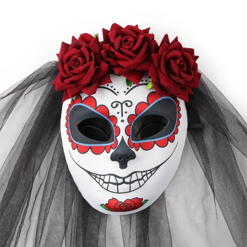 Day of the Dead Mask with Rose Veil Halloween Scary Bride Mask for Women Cosplay