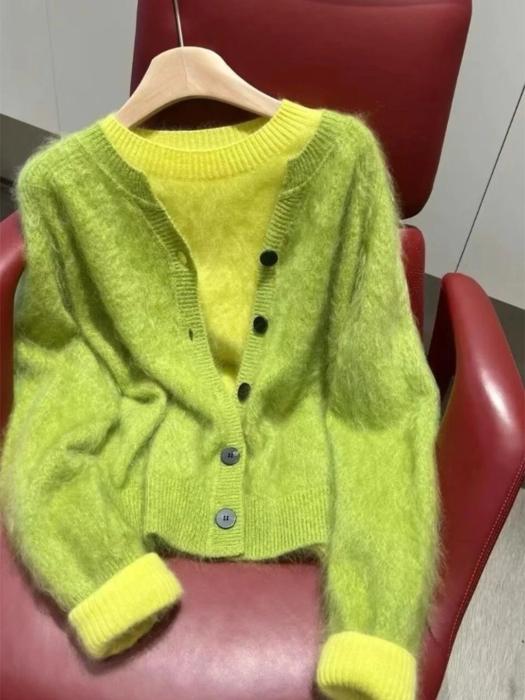 Early Autumn Korean Style Green Knitted Short Cardigan Sweater Unique Beautiful Maturity Light Unique Short Knitted Top