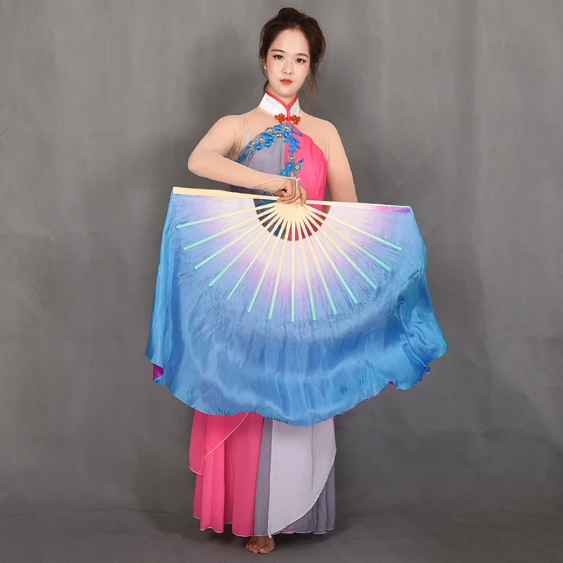 Women Bellydance Silk Veil Pairs Adults Real Silk Fan Veil Double Sided Bamboo Long Fan Hand Dye Blue Pink Flowy Dancer Props - Image 4