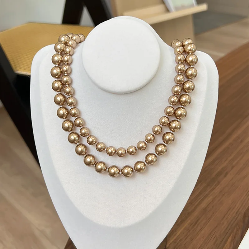 Minar 2024 New 8 10mm Champagne Color Simulated Pearl Beaded Necklaces for Women Femme Toggle Clasp Beads Long Sweater Chain