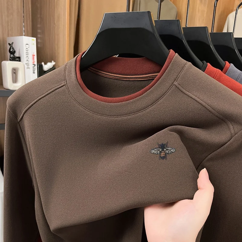 Autumn Winter Men's O-Neck Embroidery T-Shirt Solid Color Comfortable Long Sleeve Base Tops Skin Friendly Daily Wear Men's Wear view 5
