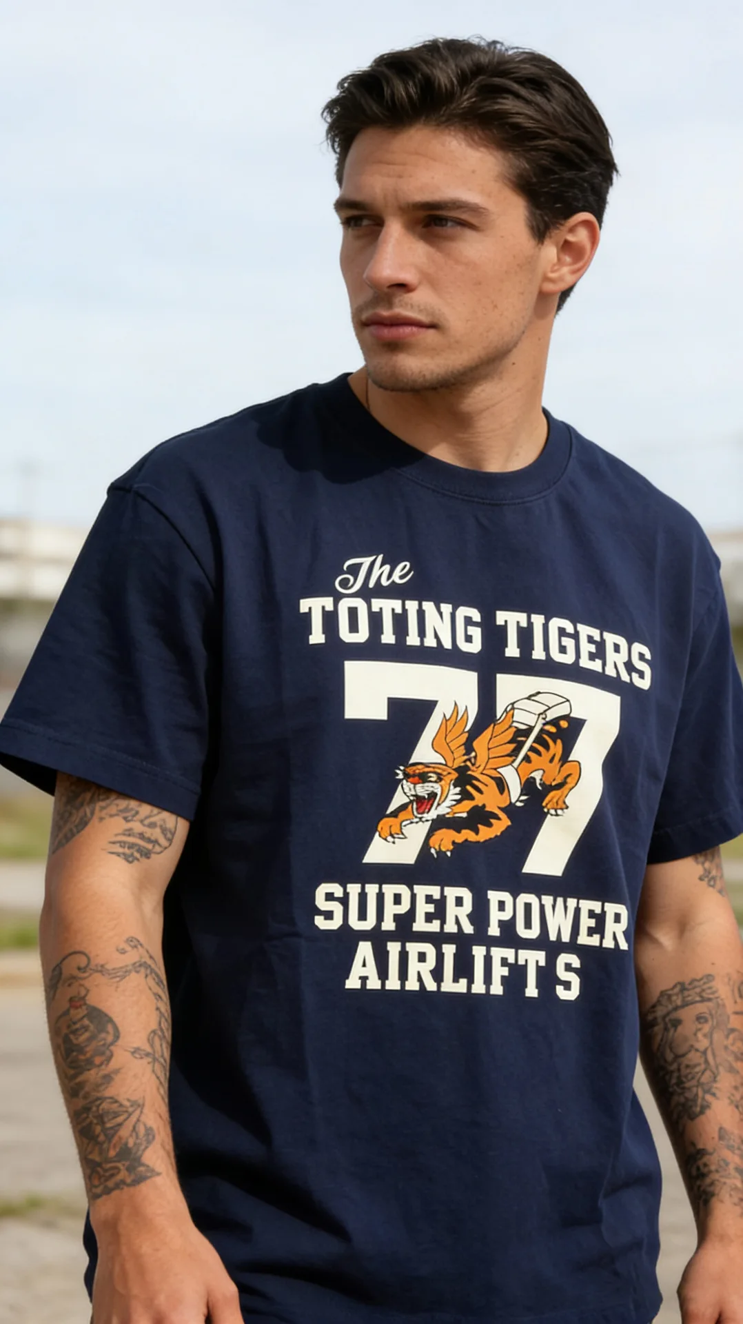 OKONKWO Flying Tigers Military Style T-Shirt, 210g, Letter Print, Americana Style, Crew Neck, Short Sleeve.