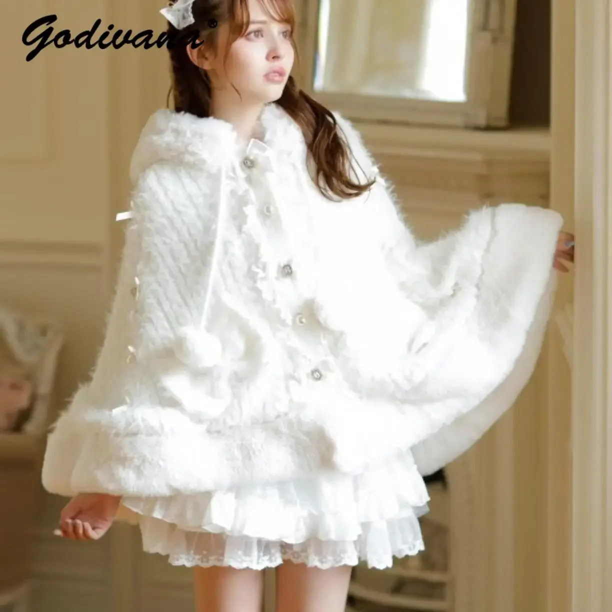 

Japanese New Autumn and Winter Hairy Knitted Cape Cute Girl Sweet Women's Thickened Warm Cloak Rhinestone Bow Poncho Cape