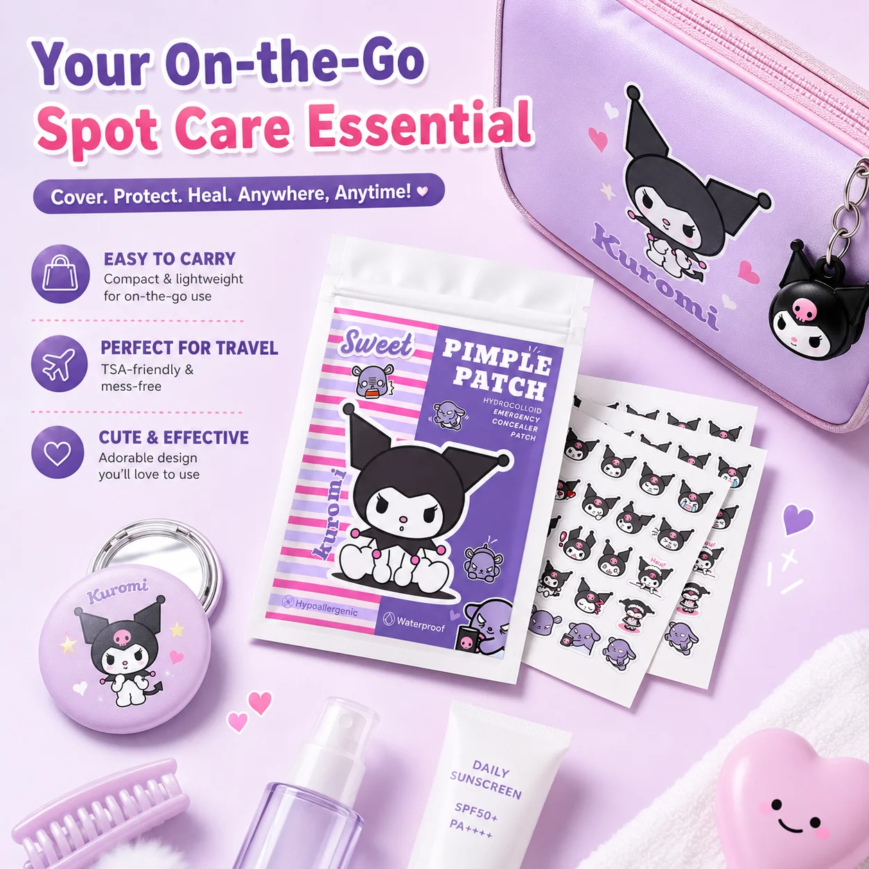 Adesivos para Espinhas Hello Kitty, 100 Unidades de Coberturas Hidrocoloidais para Acne, 25 Designs Divertidos, Suaves, Impermeáveis e Amigáveis à Pel