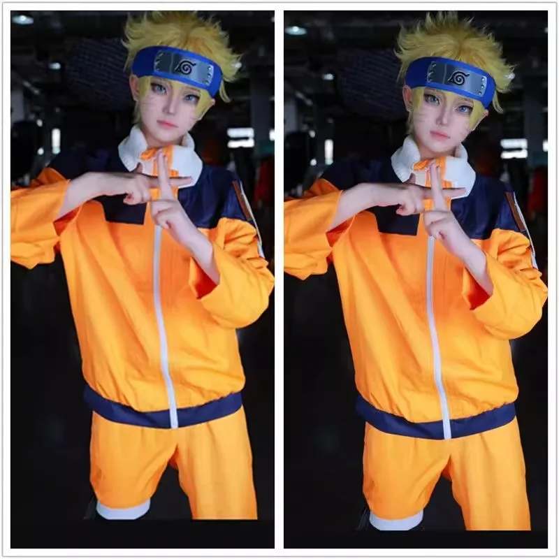أزياء اوزوماكي التأثيرية ملابس برتقالية مع عصابة رأس وحقيبة كوناي ملابس ما قبل شيبودن جينين نينجا شعر مستعار أشقر للجنسين قاعة الكبار