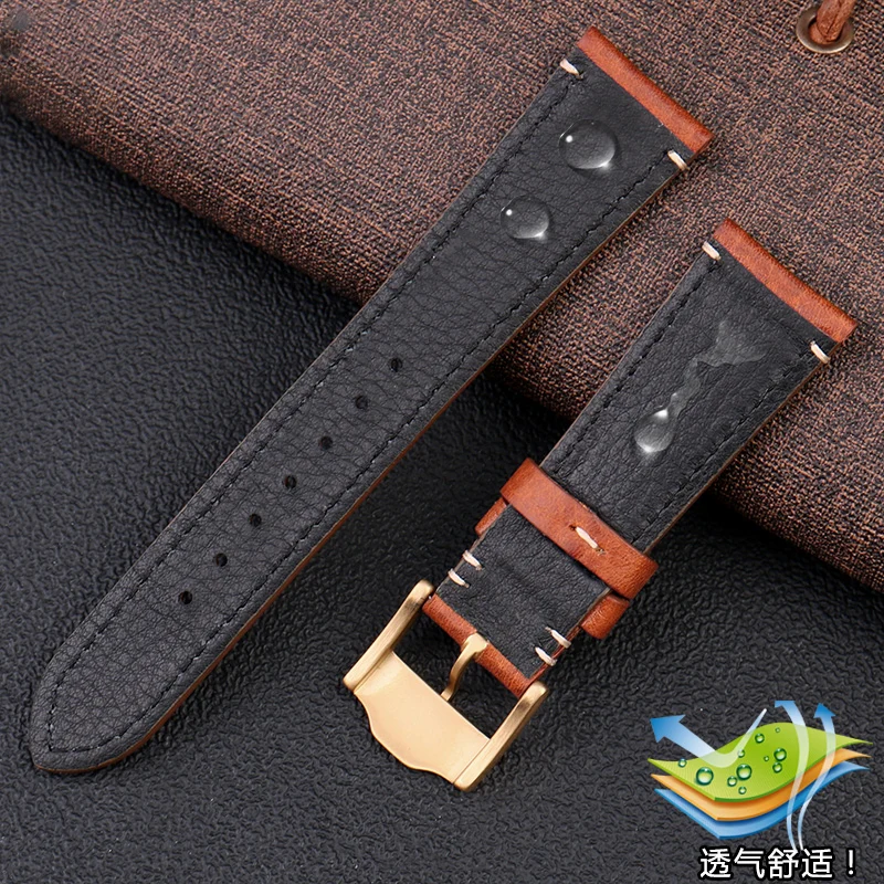 Tali Kulit Sapi Italia Premium untuk Jam Tangan Kulit Antik Bunga Merah Kecil Teluk Hitam Perunggu Tudor Tali Jam Tangan 22Mm Gaya Gesper Lipat