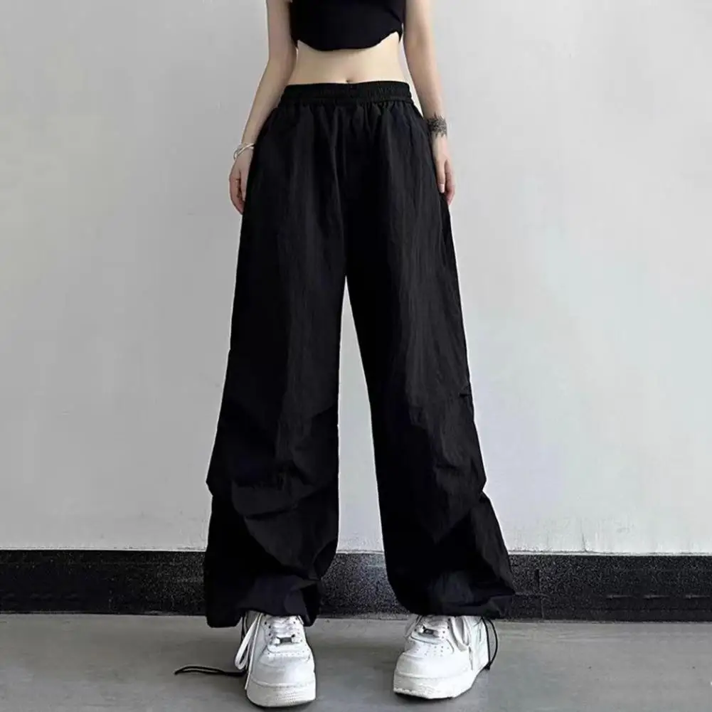 Women Pants Elastic Waist Drawstring Long Pants Wide Leg Leisure Travel Cargo Trousers Candy Color Streetwear Baggy Pants