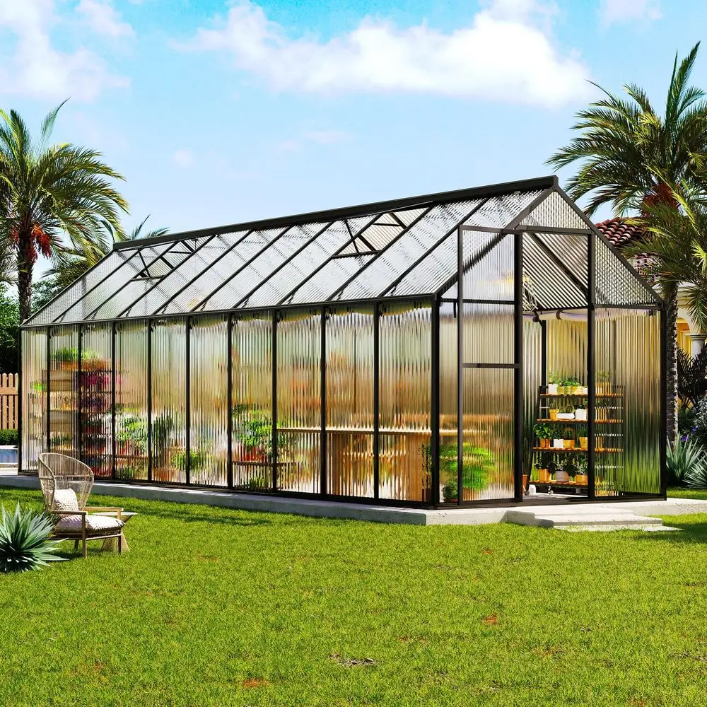 

6x20 Ft Polycarbonate Greenhouse for Outdoors, Walkin Design with Aluminum Frame, 2 Windows and Swing Door, HeavyDuty Greenhous