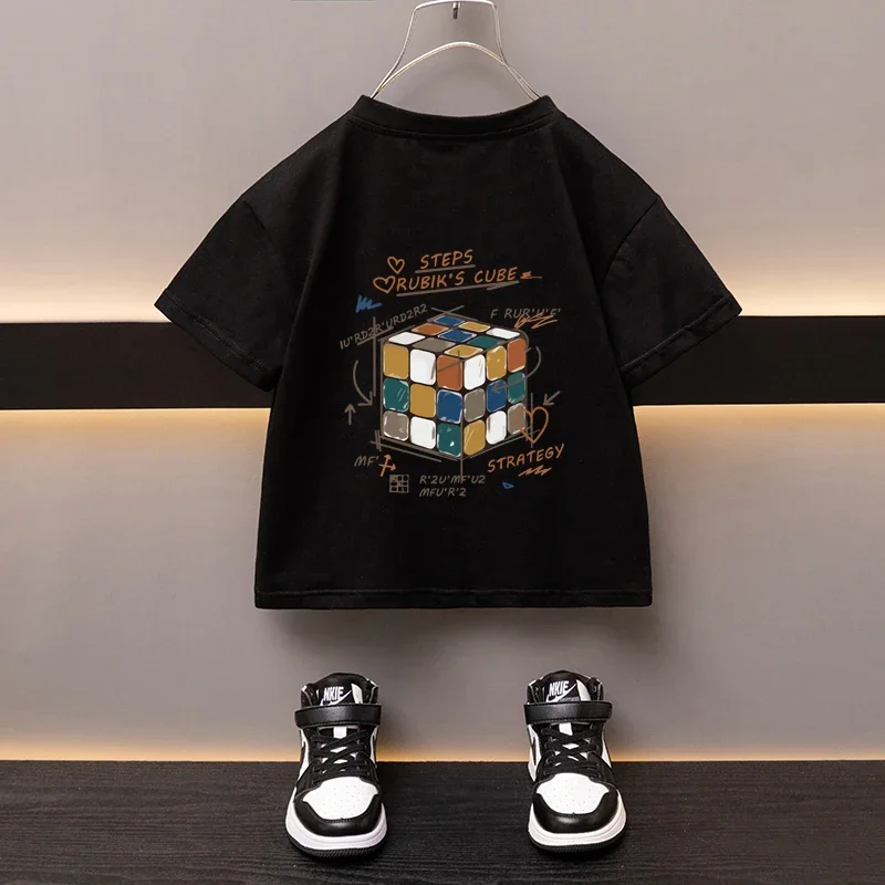 Summer Boys Cotton T-shirt Cartoon Rubik's cube Printed Girls Tees Short Sleeve Children Tops High Quality Casual Kids Clothes