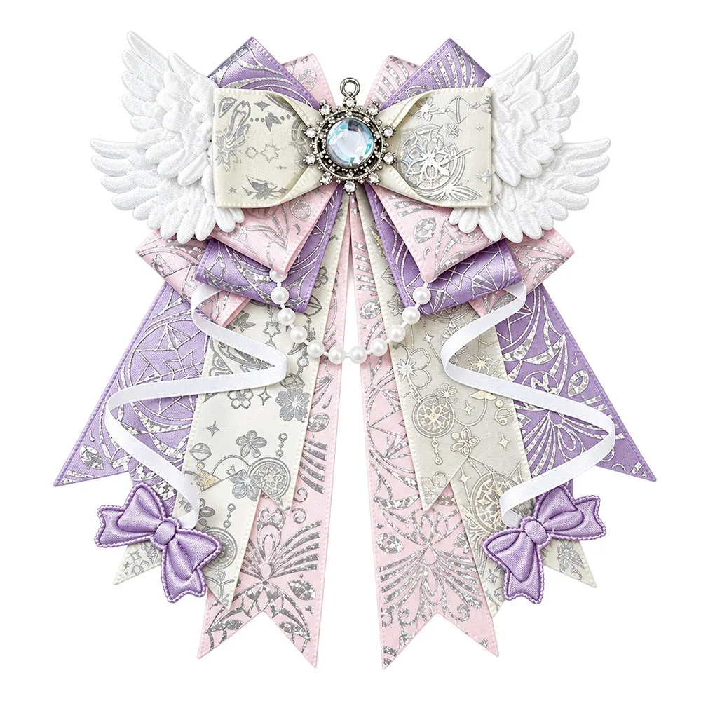 Rhinestone Gem Center Lolita Bow Bag Pendant Sweet Style Layered Ribbon Tails Itabag Decoration Handmade Wing