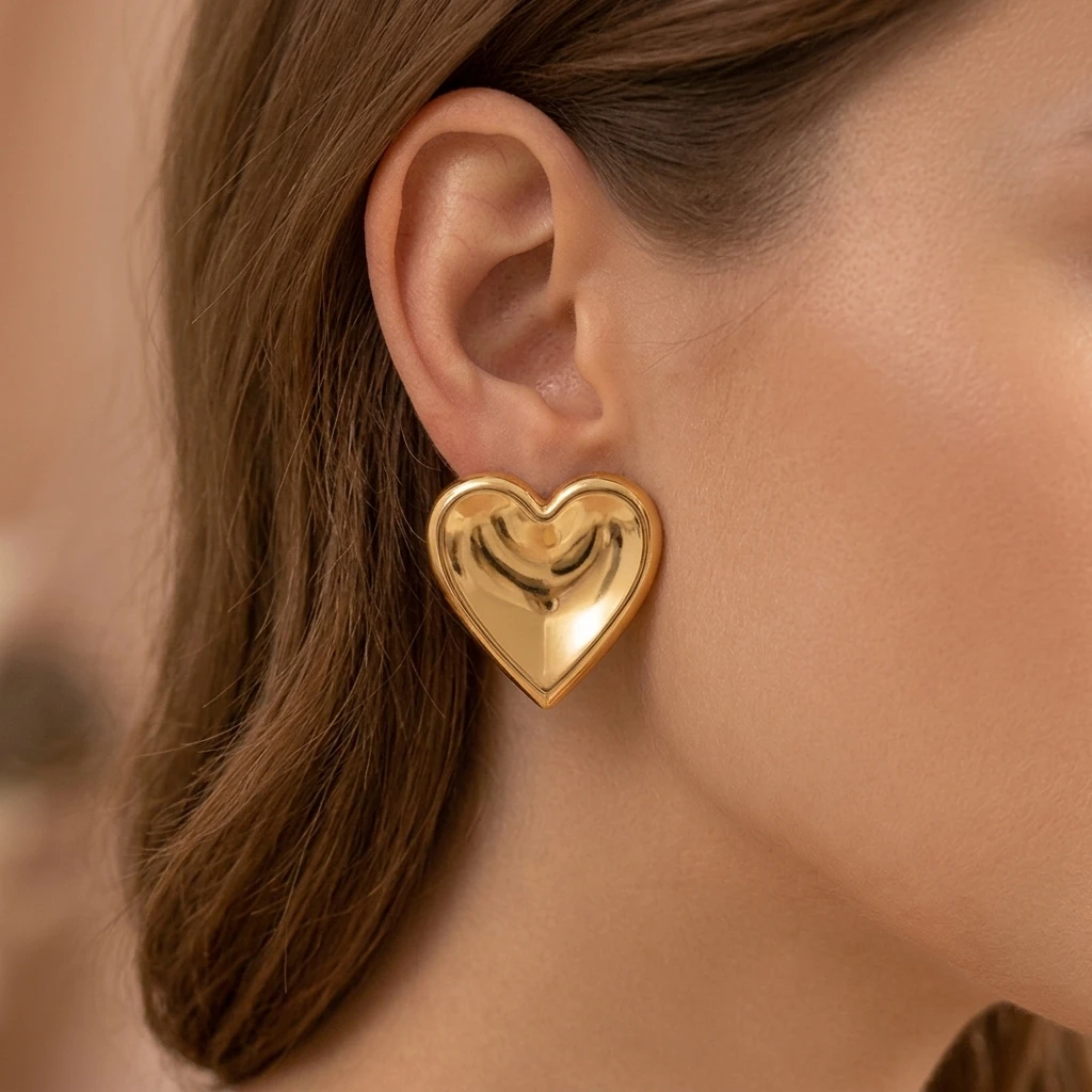 Miia Jewelry Puffy 3D Heart Jewelry Set 18K Gold Stainless Steel Smooth Heart Stud Earrings And Matching Ring For Women