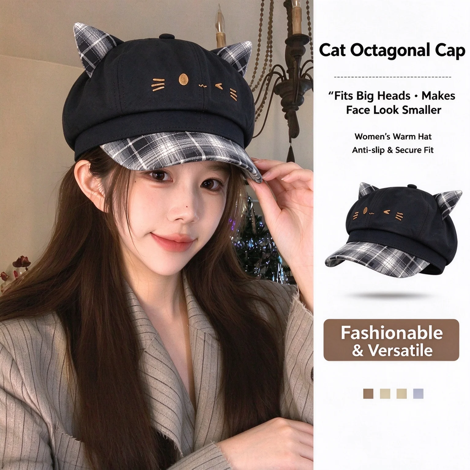 Cute Cat Ear Newsboy Cap Women Daily Casual Baker Hat Street Snap Kawaii Cat Face Embroidery Sweet Girl Plaid Brim Hat