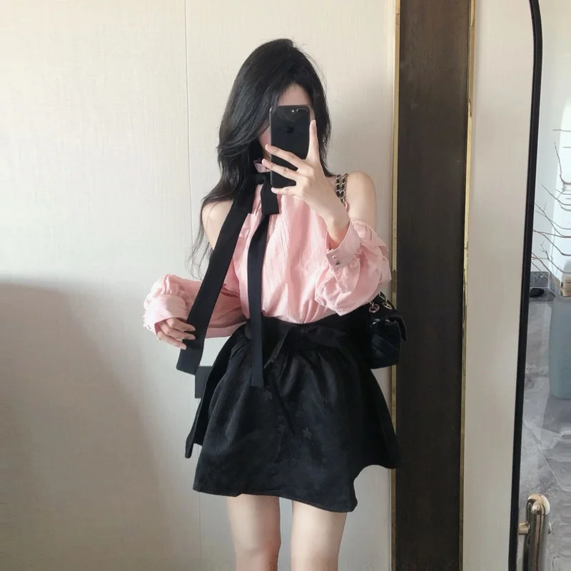 

Fashionable Miu Style Knot Halter Neck Two-Piece Set Short Skirt Comfortable Cotton Long Sleeve round Neck Top