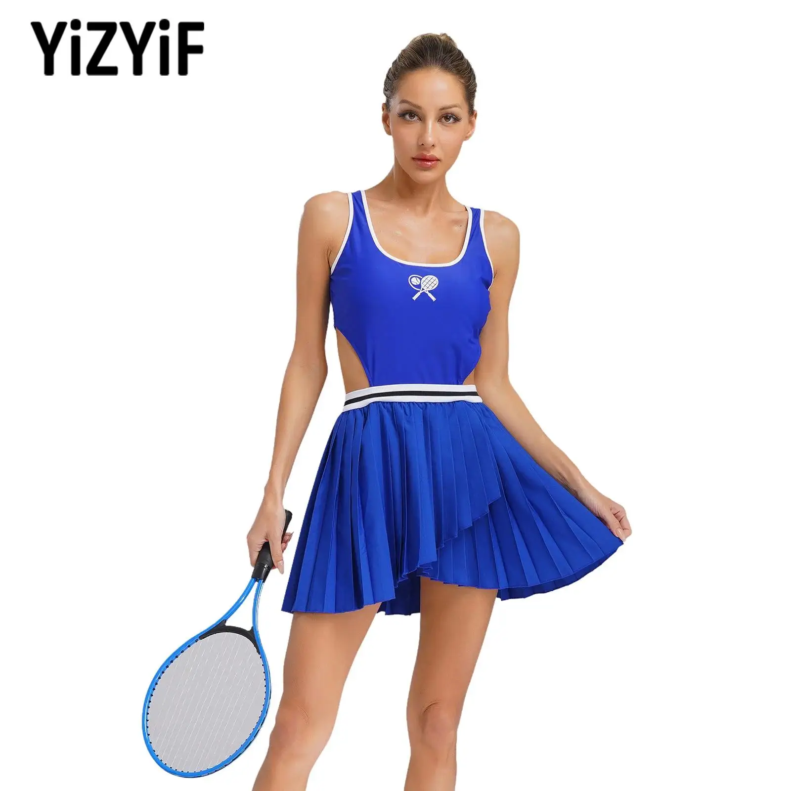 

Workout Tennis Dress with Removable Chest Pads for Women Sleeveless Asymmetrical Pleated Dress Sports Golf Athletic Mini Dresses