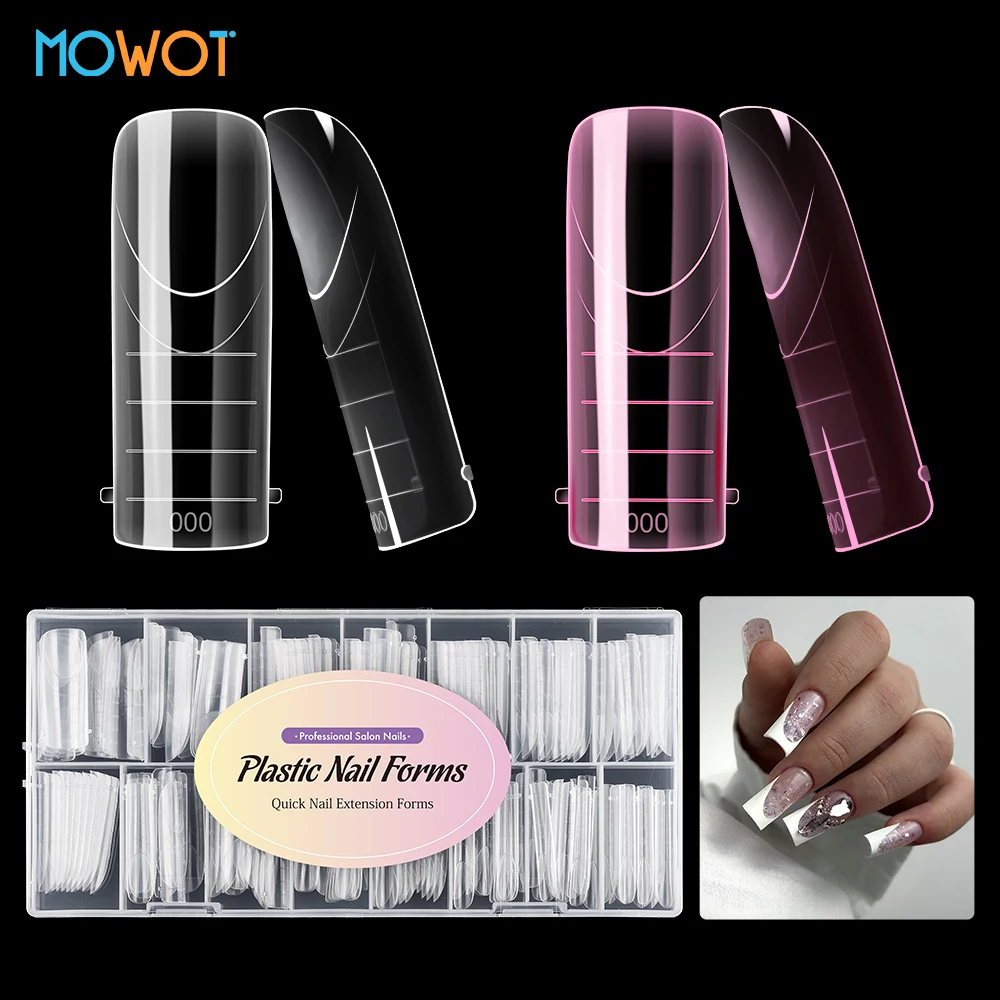 

MOWOT 150pcs Square Nail Dual Forms Pink Clear Full Cover Gel Acrylic Extension Nails Tips Reusable Builder Nail Molds 15 Sizes