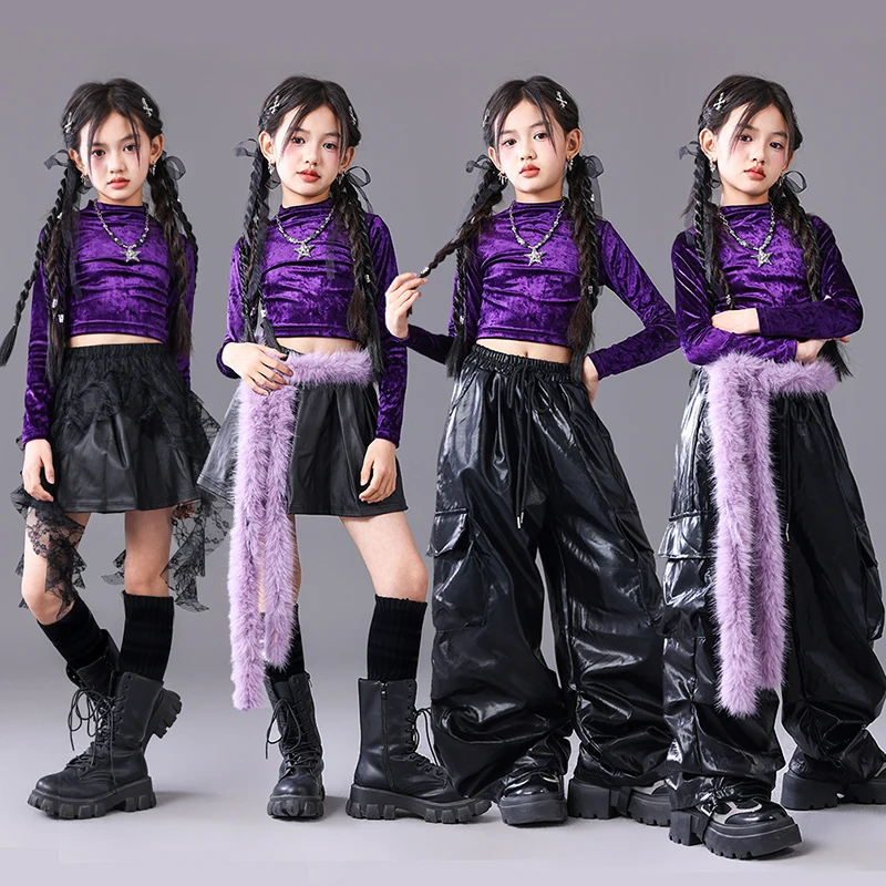 

Girl Kpop Stage Outfit Jazz Show Performance Wear Purple Crop Top Black Shuffle Pants Kid Streetwear Urban Dance Clothes AMY3011