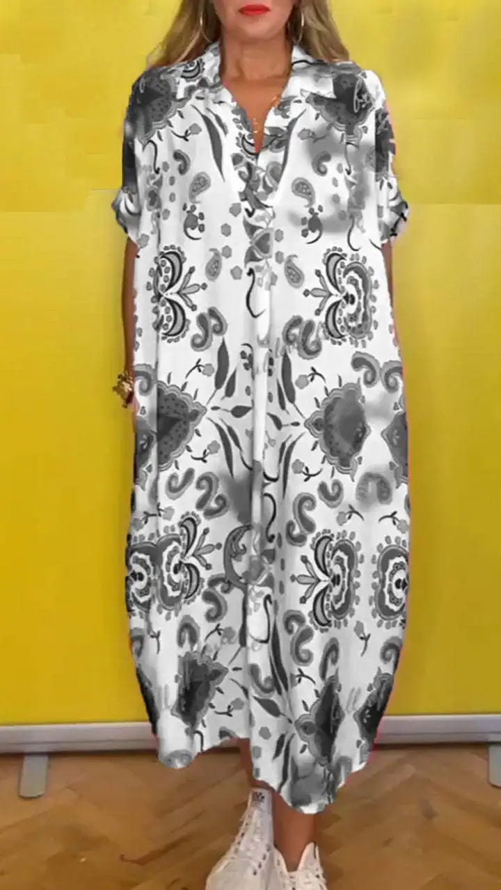 Abiti lunghi con stampa floreale Boho per le donne 2024 estate Casual manica corta con risvolto collo camicia abito moda vacanza abbigliamento donna