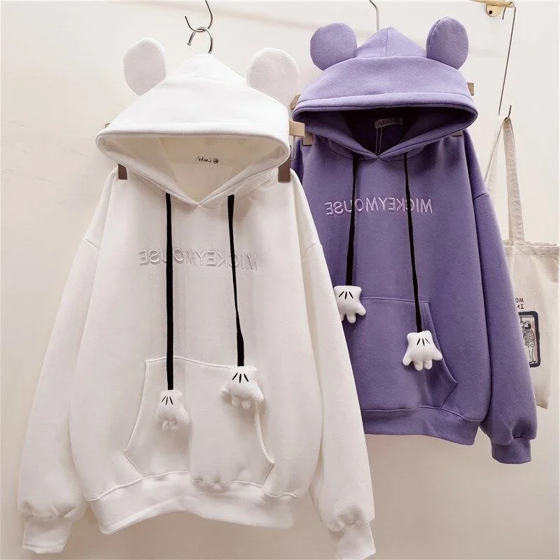 Disney Mickey Mouse Women\'s Thickening Hoodies Cute Anime Girls Winter Warm Sweater Loose Casual Pullover Sweatshirt Harajuku