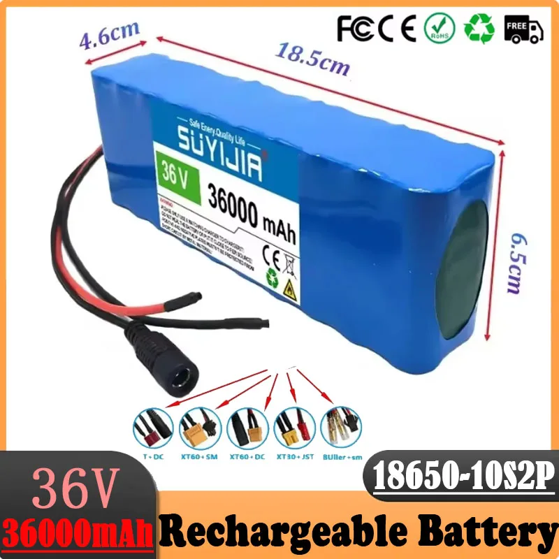 18650 10S2P Rechargeable Li-ion Battery Pack 36V 36000mAh for Electric Bicycle Scooter Wheel Chair Built-in BMS + 42V 2A Charger