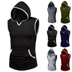 Men Bodybuilding Hooded Tank Top Male Fitness Muscle Sports Breathable Brand Gyms Clothing Sweatshirt Pocket Sleeveless Vest Tee