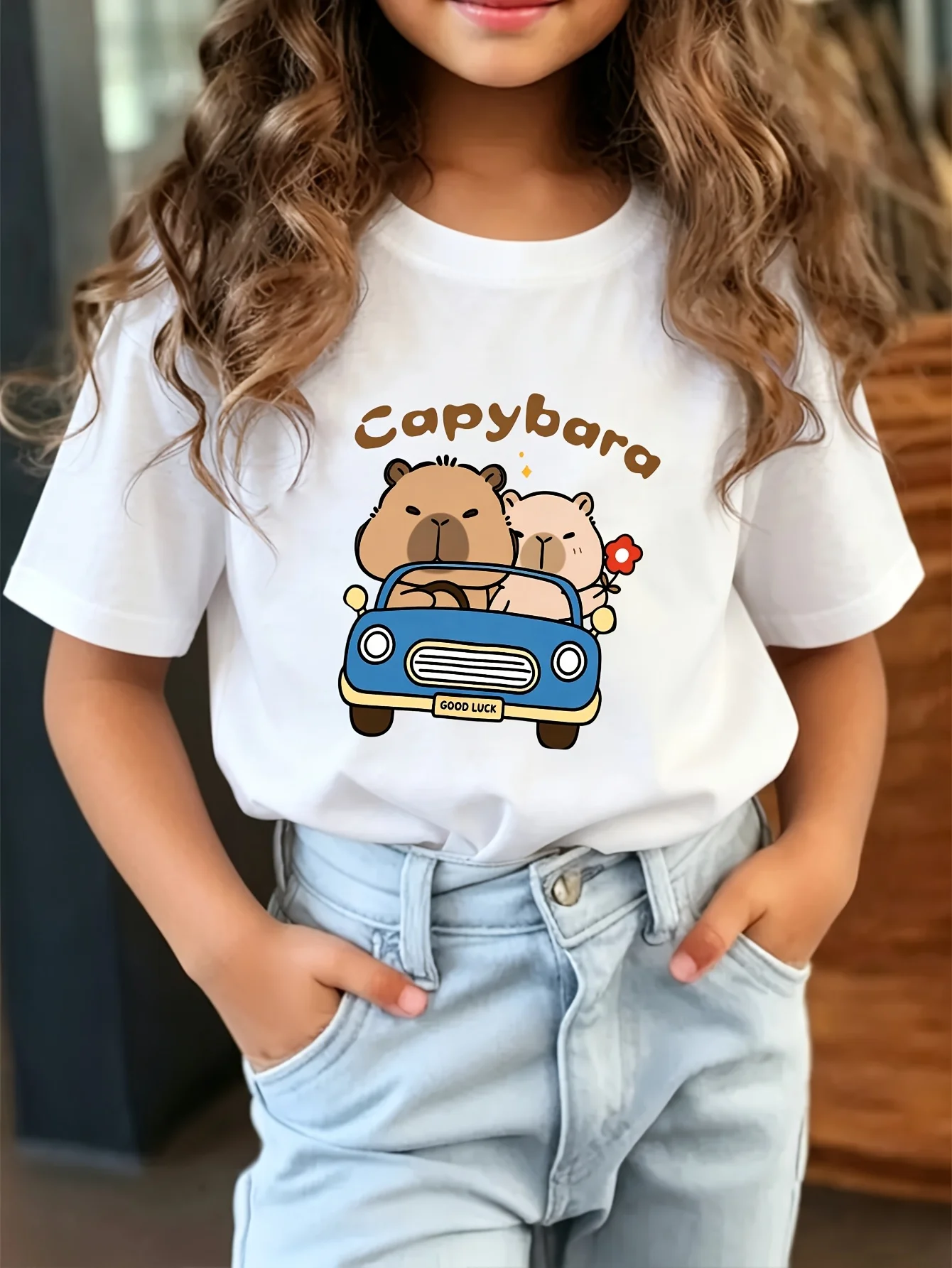Capybara Driving Car Good Luck Tee Cute Cartoon Animal Graphic Boys Girls Short Sleeve Family Matching Soft Cotton Summer Tops
