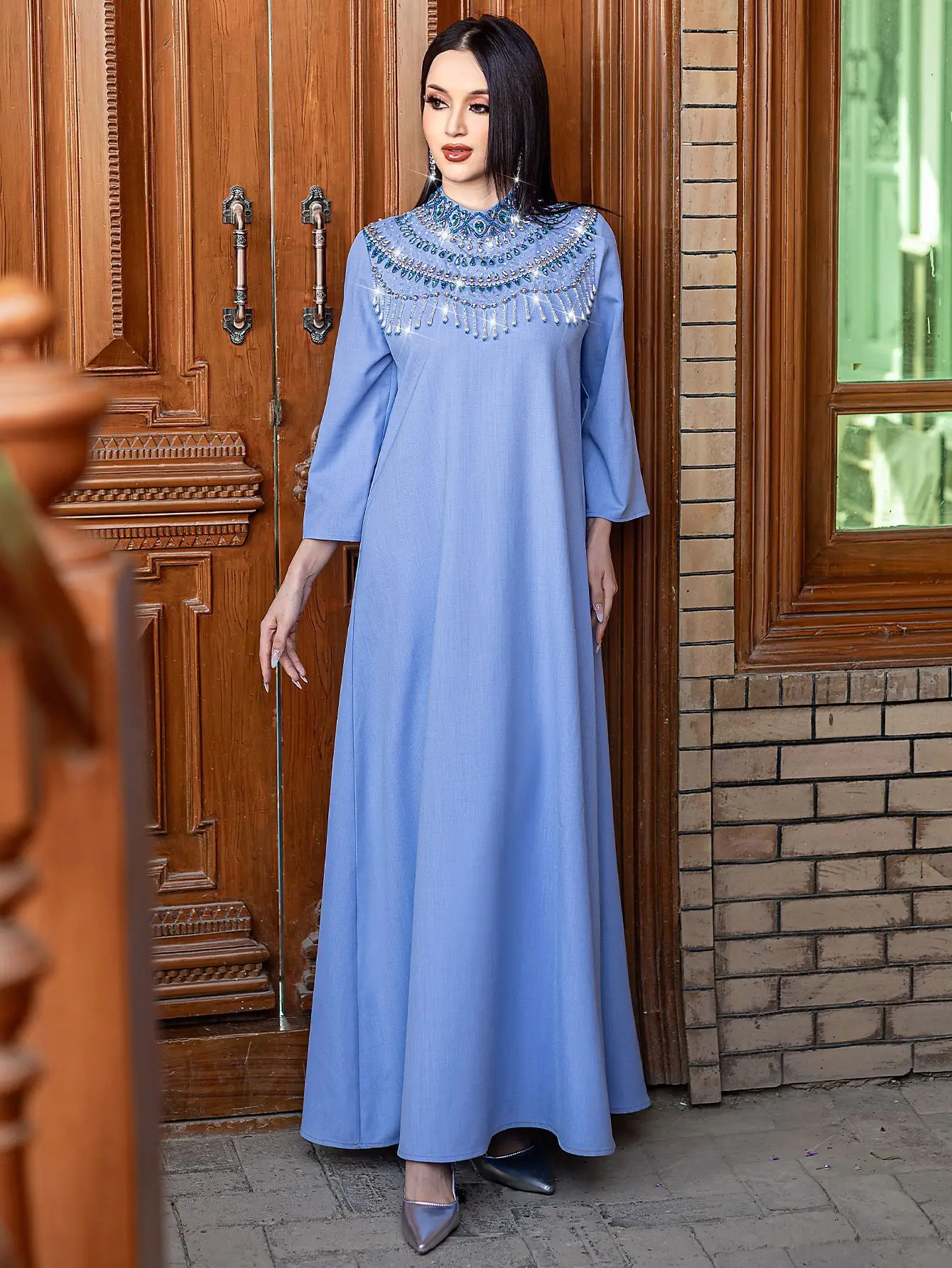 Islamic Ramadan Arab New Half High Collar Heavy Industry Party Dress Middle East New Fashion Muslim Moroccan Long Dress