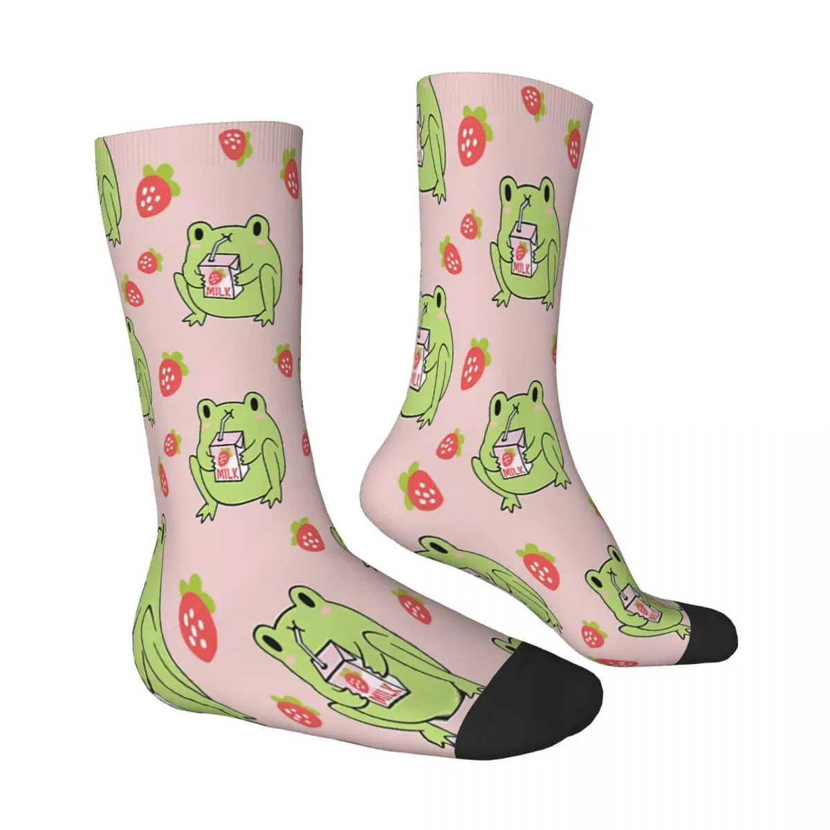 Cute Strawberry Milk Frog Drink Socks Male Mens Women Spring Stockings Harajuku