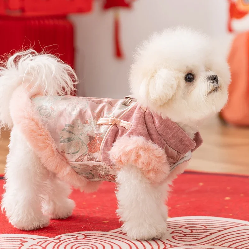 2026 New Year Tang Style Pet Costum Floral Print Warm Fleece Lined Pet Outfit for Puppy Kitten Pet Clothes for Holiday Party