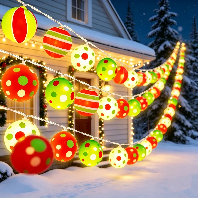 Christmas Ball String Lights, Colorful Polka Dot & Striped Xmas Ornament Globe Lights, Battery Operated LED Fairy Lights