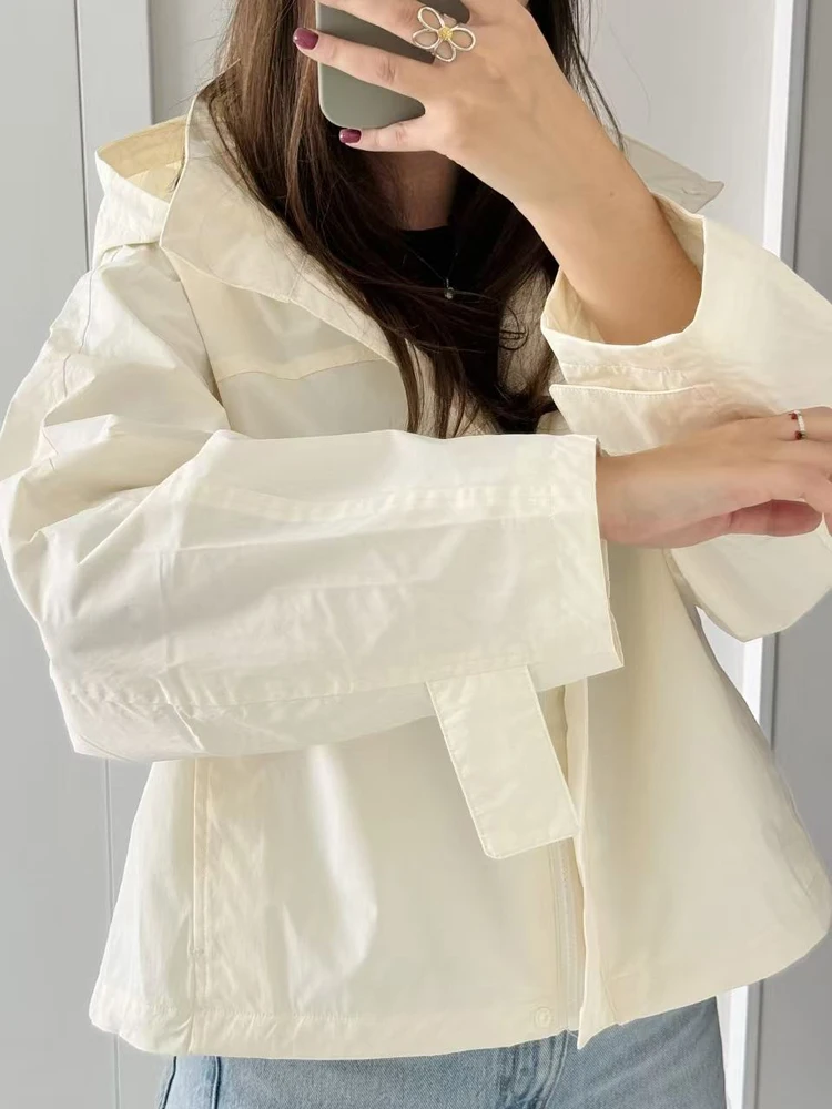 

FSTDCY Fashion Breathable Long sleeves drawstring Trench coat Women's Windproof Stand Collar Hooded Thin Jacket Autumn Overcoat