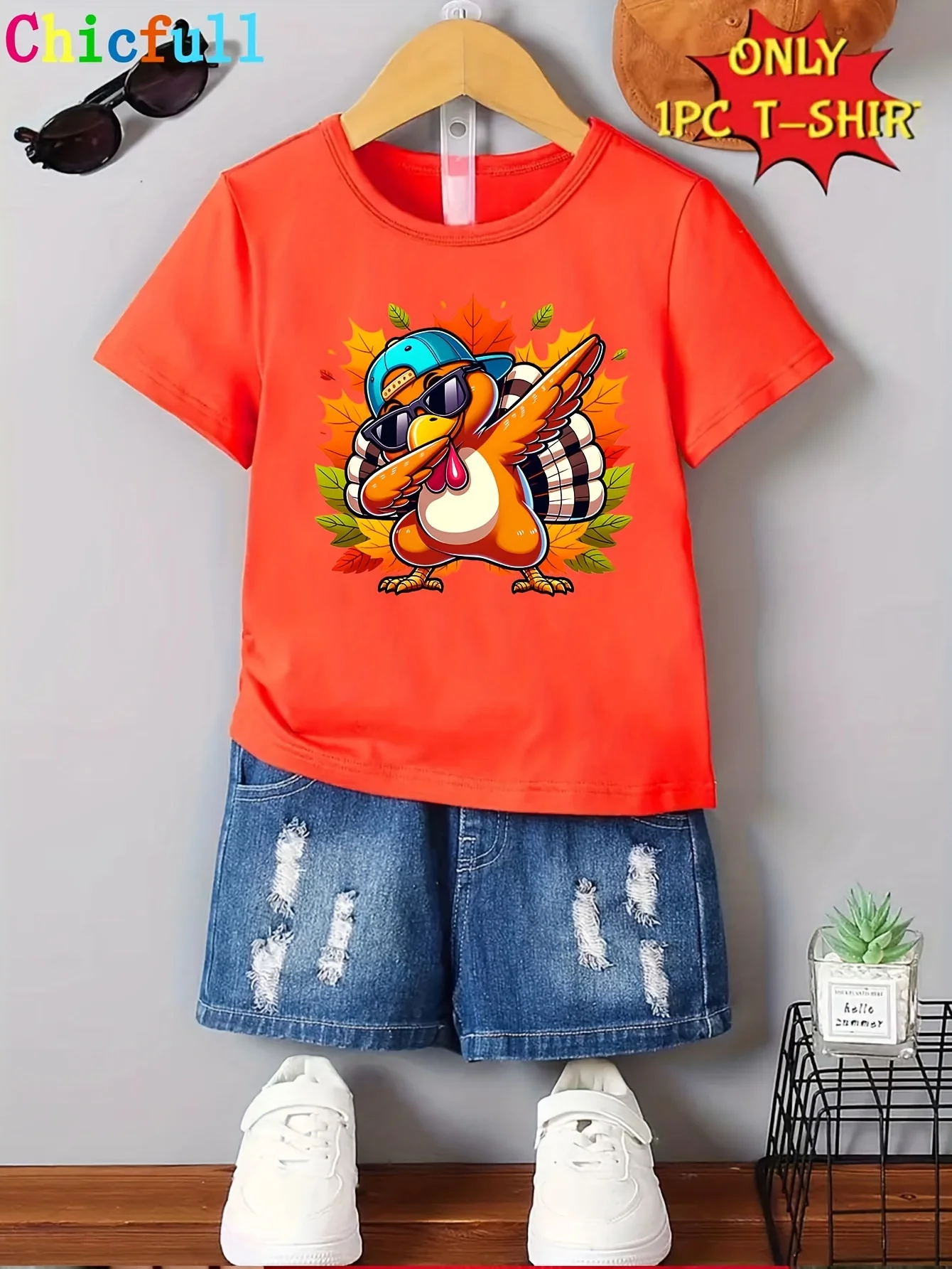 Boys‑Thanksgiving‑Dancing‑Turkey‑Print‑Polyester‑Crew‑Neck‑Machine‑Washable‑Teen‑T‑Shirt