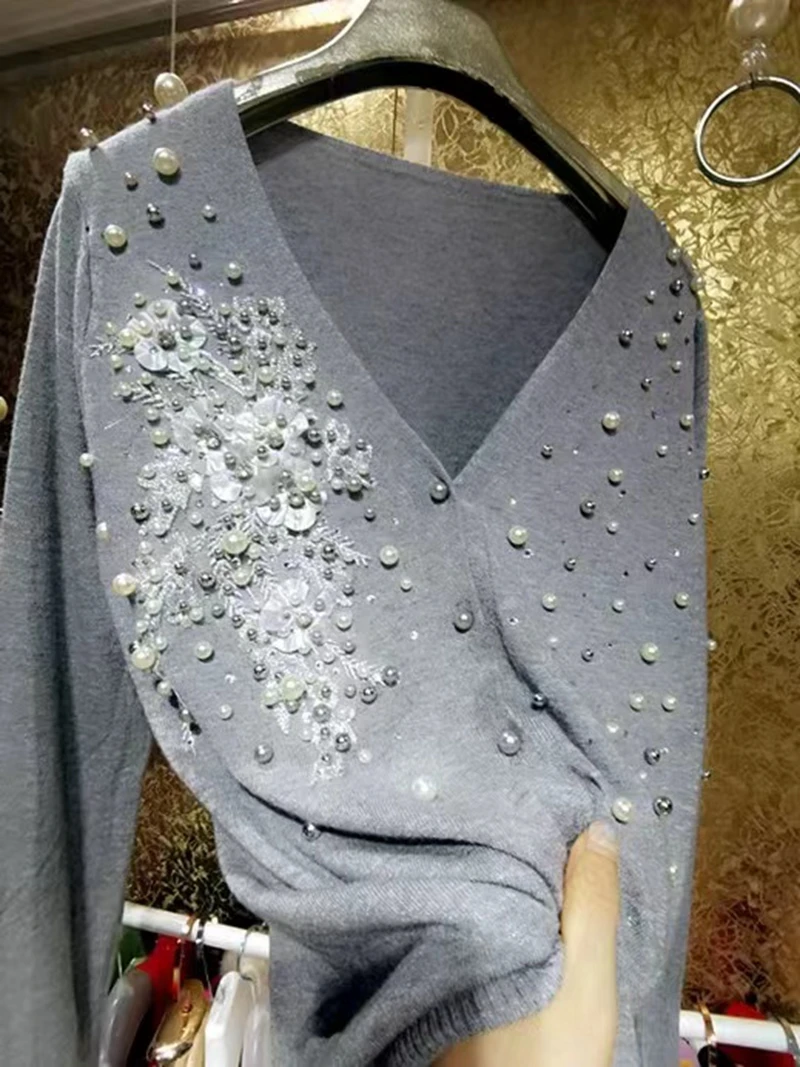 Luxury Pearls Beaded Flowers Stitch Knitted Cardigan Women Heavy Industry New In Long Sleeve V-neck Knitted Outwear Sweater Top