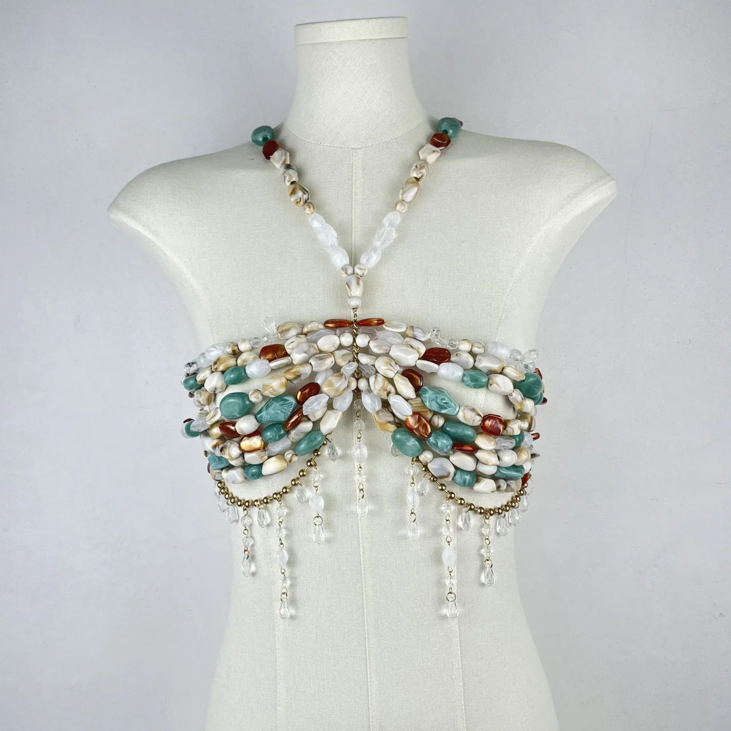 

2025 New Women Beaded Necklace Vest Hollow Out Top Exaggerated Pearl Neck Bra Fashion Jewelry for Club Party Carnival Wea