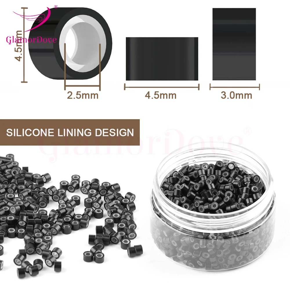 GlamorDove 1000Pcs 4.5mm Aluminum Silicone Lined Beads Micro Rings Beads Tube For I Tip and Weft Hair Extensions 7 color options