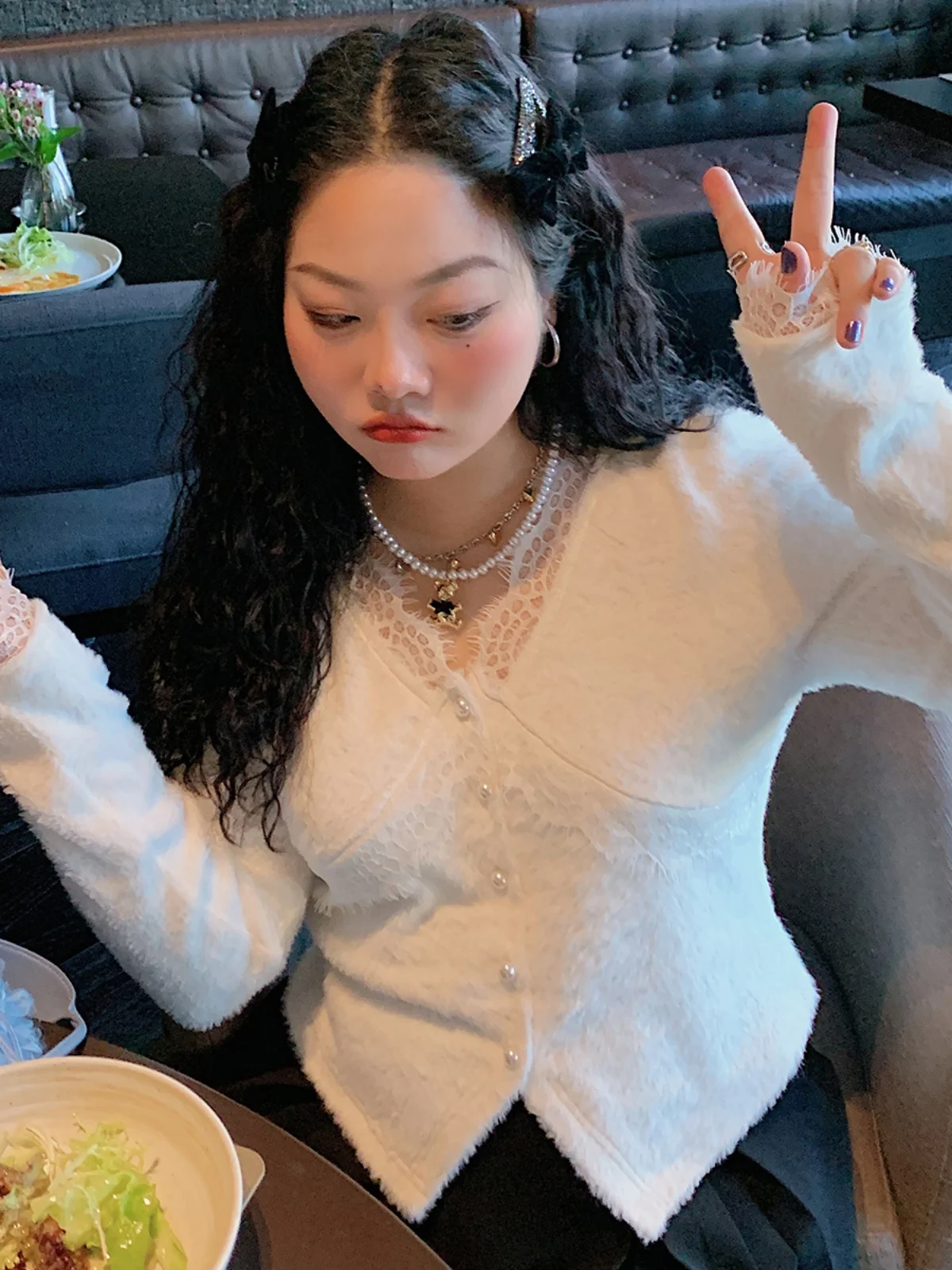 

Kimdaeki Lace Splice Knitted Sweater Women's Overhead Autumn Winter plus Size Fat MM Base irt Inner Wear Top Korean Sle S...