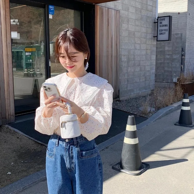 Wiosna Lato Damskie 100% Bawełna Kropki Słodka Bluzka Kołnierzyk Piotruś Pan Koronkowe Patchworkowe Koszule Damskie Topy 2025