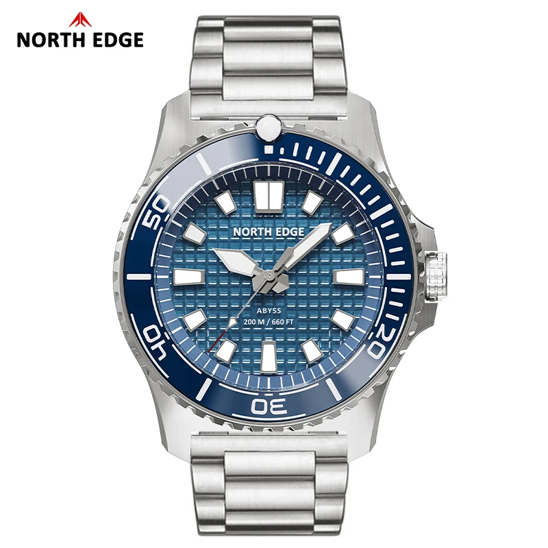 NORTH EDGE ABYSS Men Quartz Watch Solar Powered Luxury Watch 200M Waterproof Dive Sports Watches 316L Steel Case 180+ Day Power
